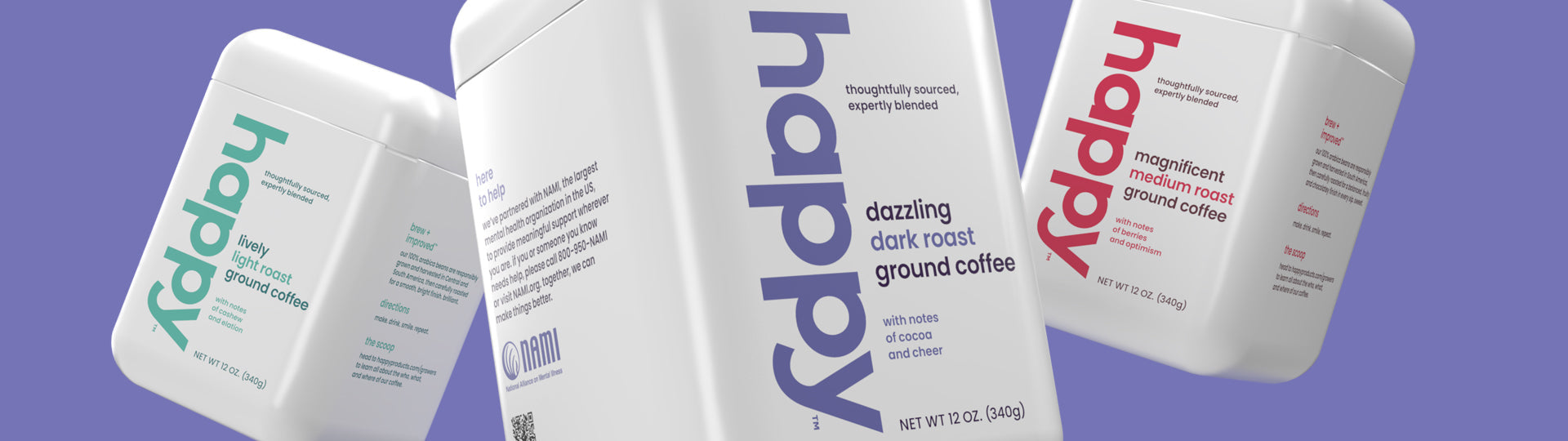 happy ground coffee in light, medium, and dark roasts