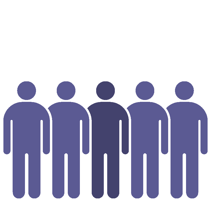 Five blue stick figures standing in a row on a white background