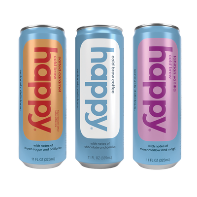 Three cans of 'happy' coffee brew - Original Cold brew, Salted Caramel Cold Brew and Tahitian Vanilla Cold Brew