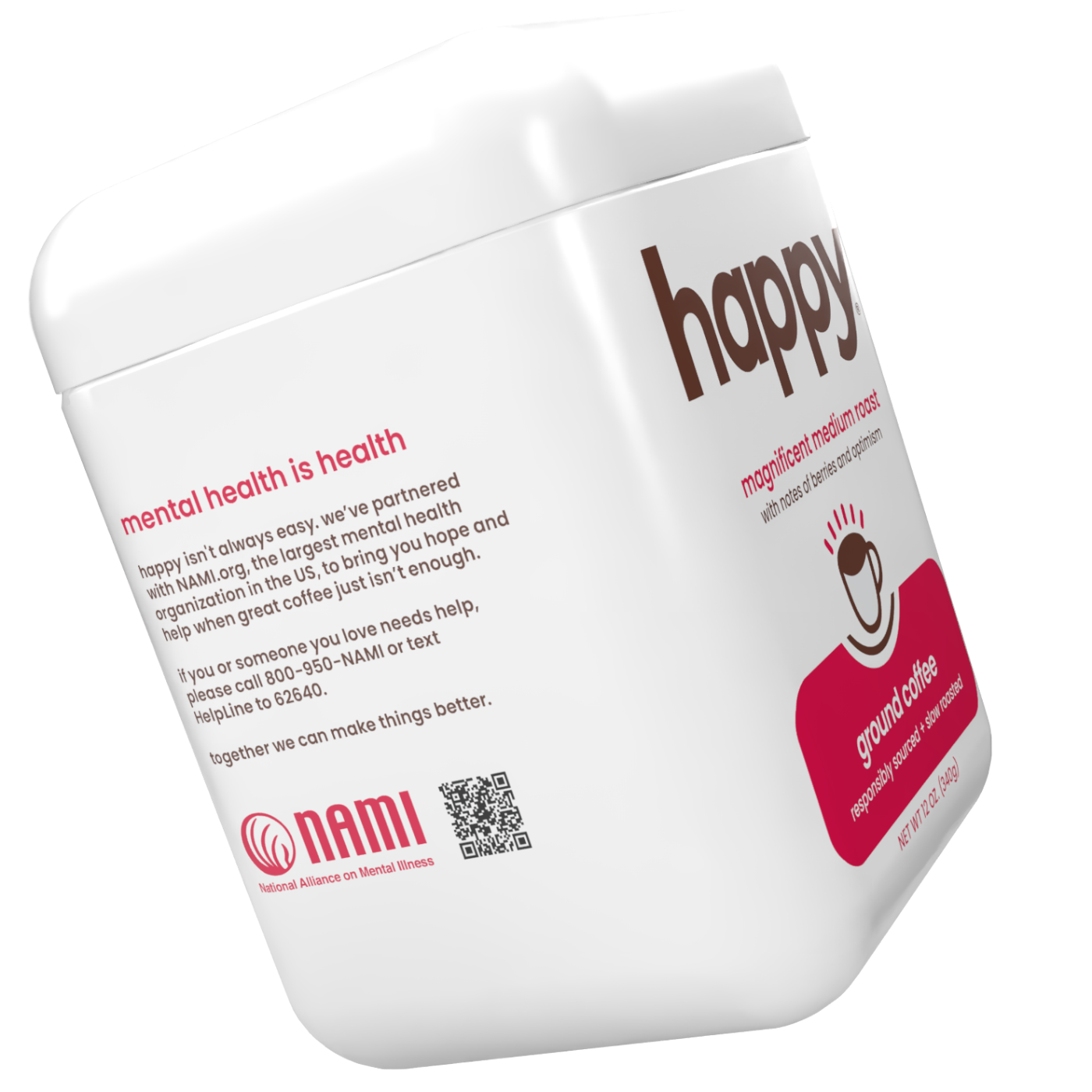 Container of 'happy' coffee with NAMI logo and text on a white background