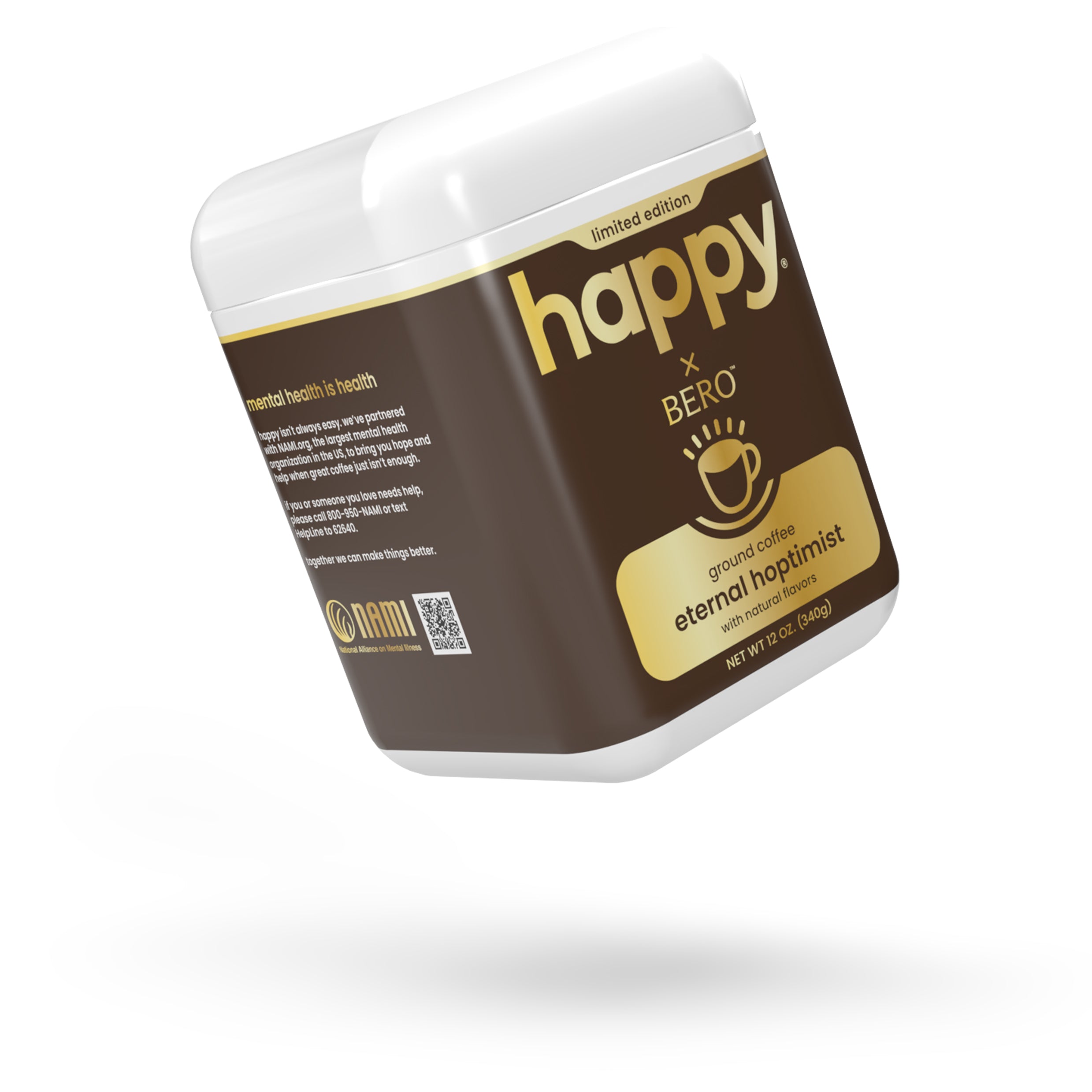 Container of happy x BERO ground coffee on a white background