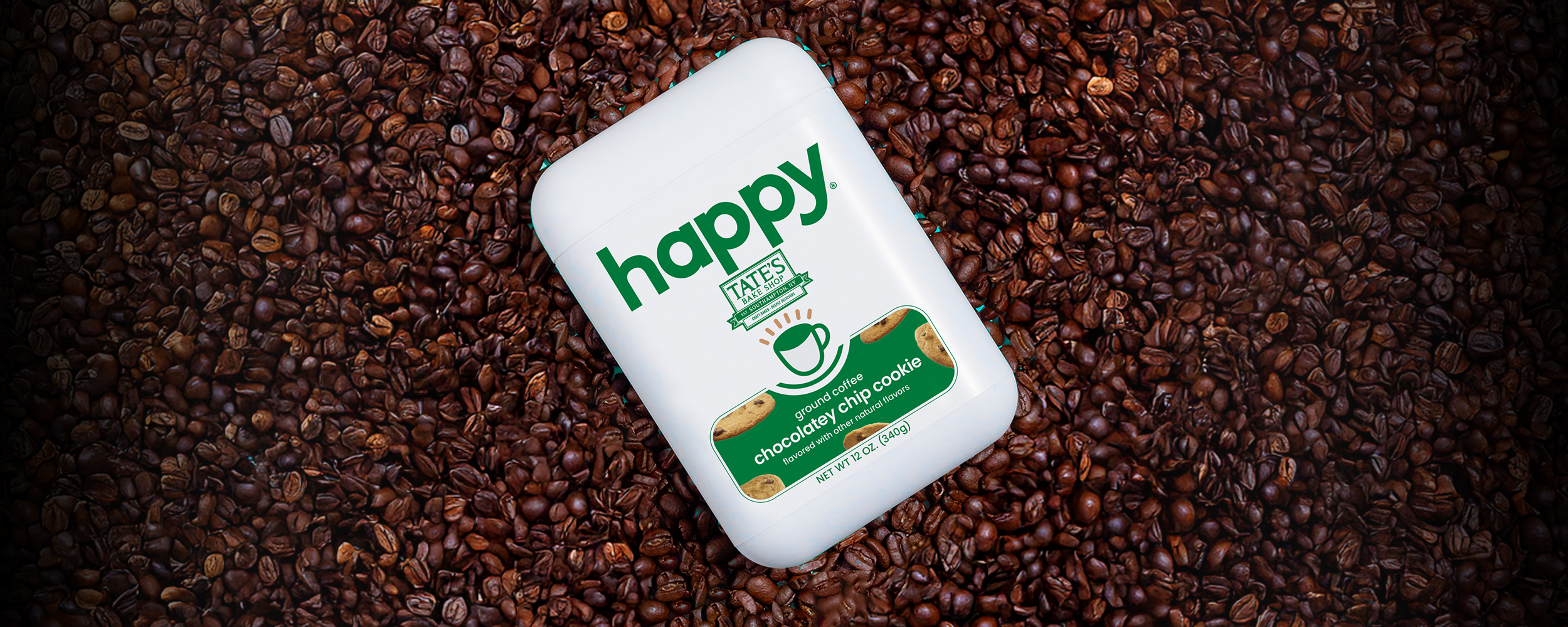 Happy Chocolatey Chip Cookie Ground Coffee on a bed of Coffee Beans