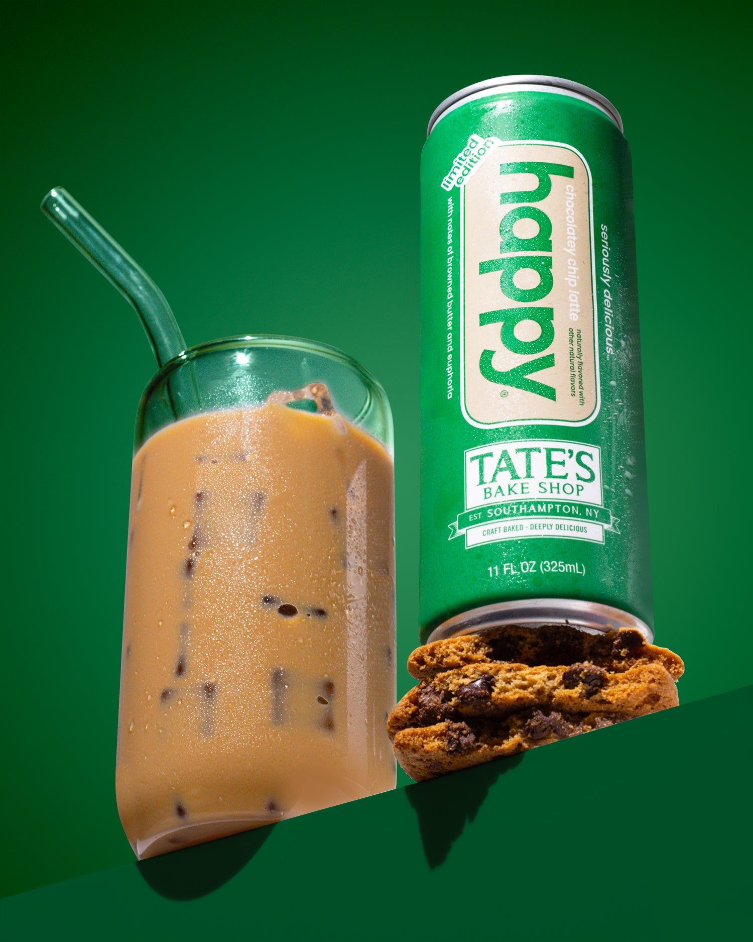 Happy Chocolate Chip Cookie Latte next to a glass of latte
