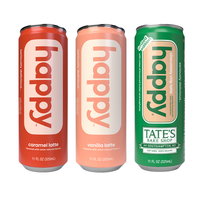 Three cans of happy lattes from in different flavors on a white background.