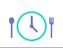 Clock icon flanked by a spoon and fork on a white background