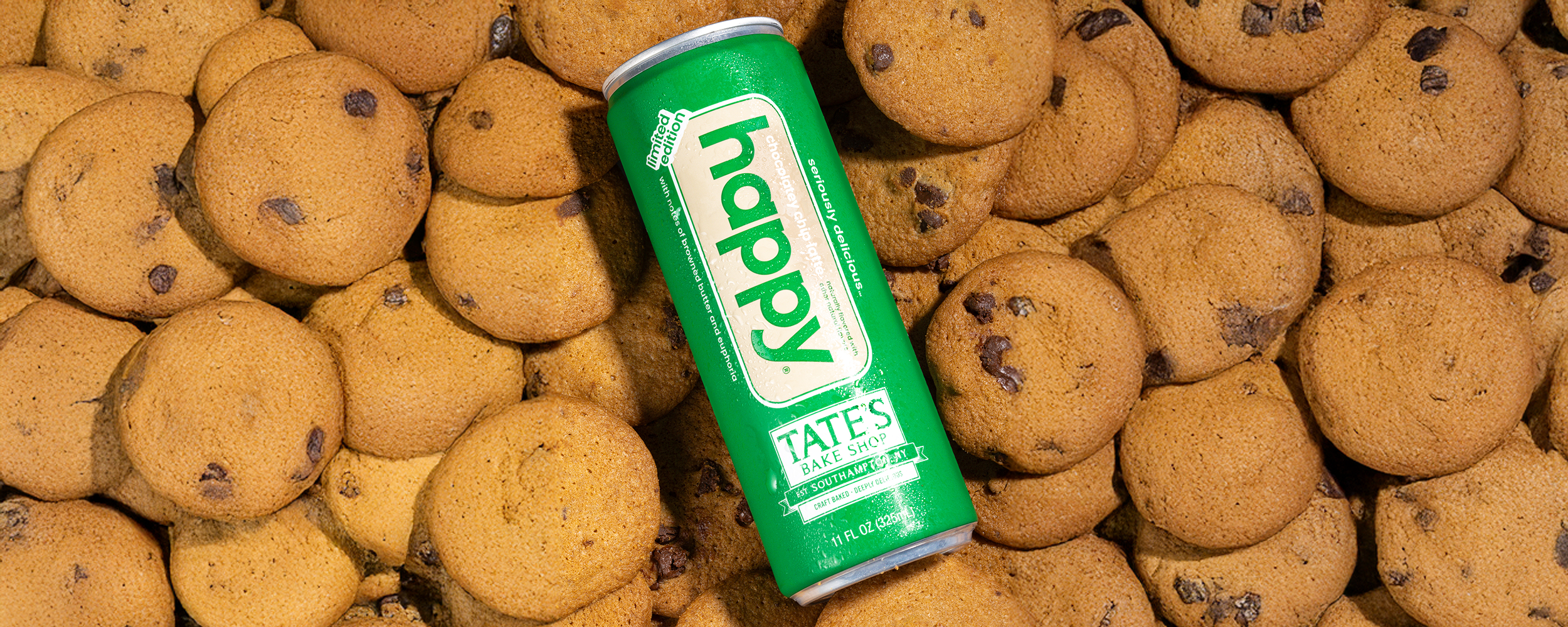 Happy Chocolatey Chip Latte x Tates Collab on a bed of Tates Cookies