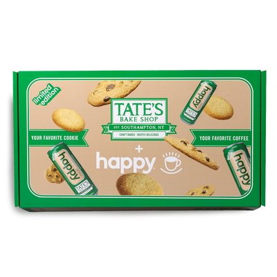 Tate's Bake Shop cookie box with happy coffee cans on a white background