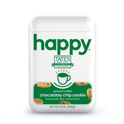 Tate's Bake Shop happy coffee container with chocolatey chip cookie flavor on a white background