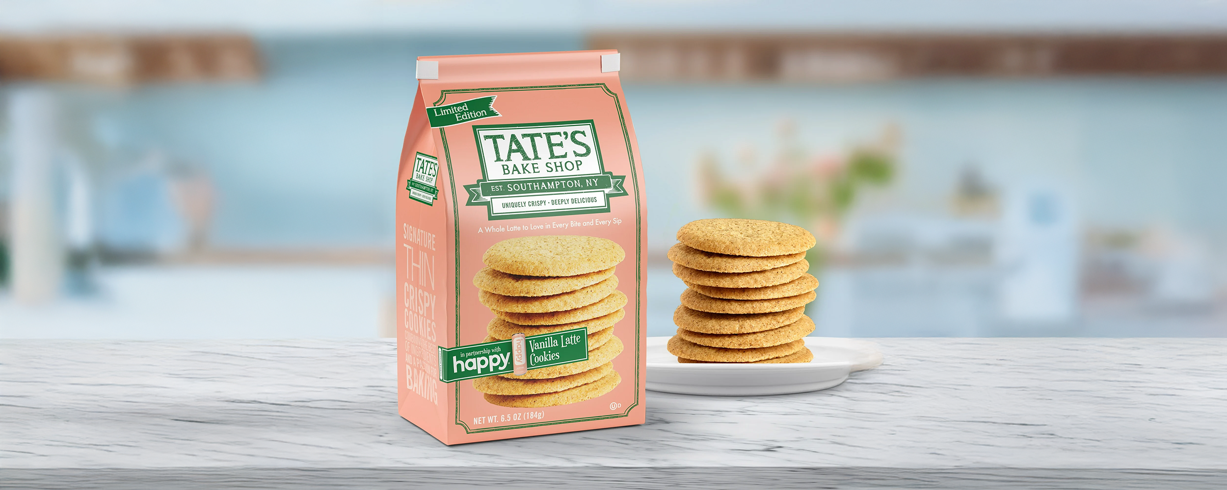 Tate's Bake Shop Vanilla Latte cookies with packaging on a table