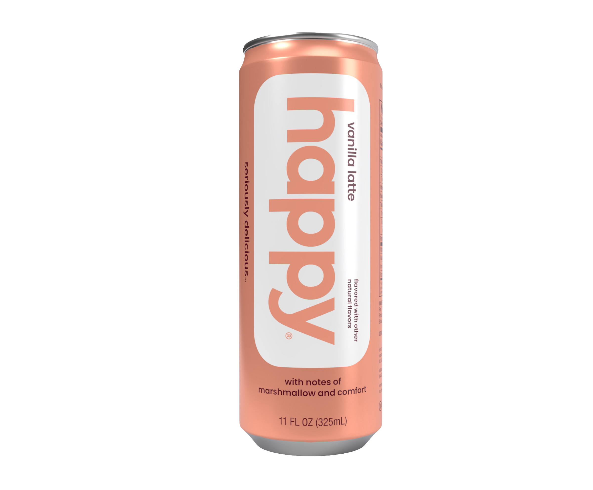 pink can of 'happy' vanilla latte on a white background