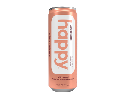 pink can of 'happy' vanilla latte on a white background