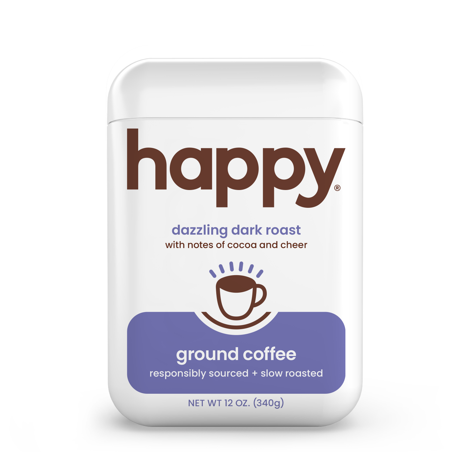 Happy Dark roast ground coffee package on a white background