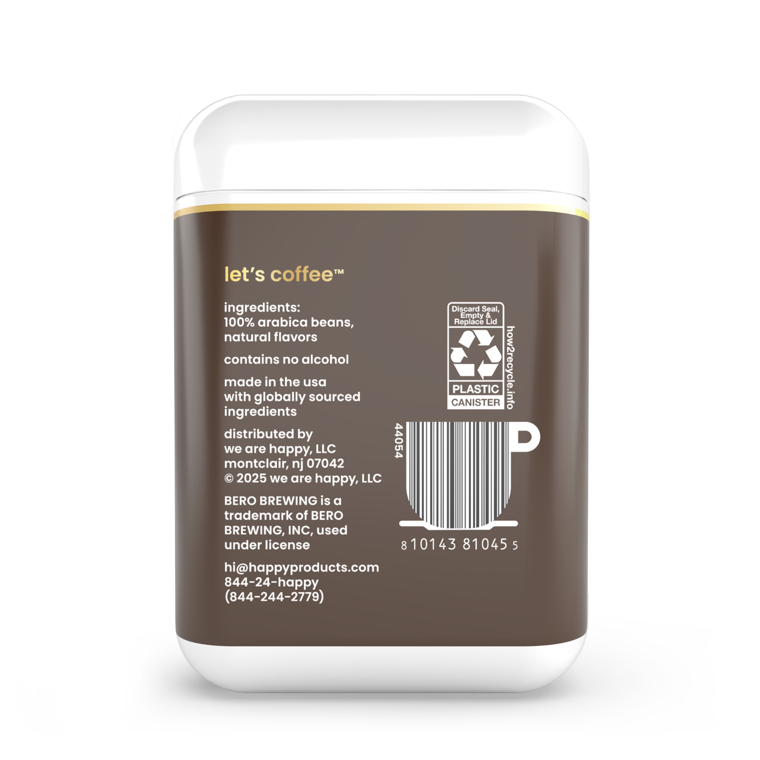 Back view of a let's coffee container with branding and ingredient details.