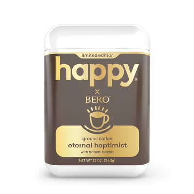 Happy x Bero eternal hoptimist ground coffee package on a white background