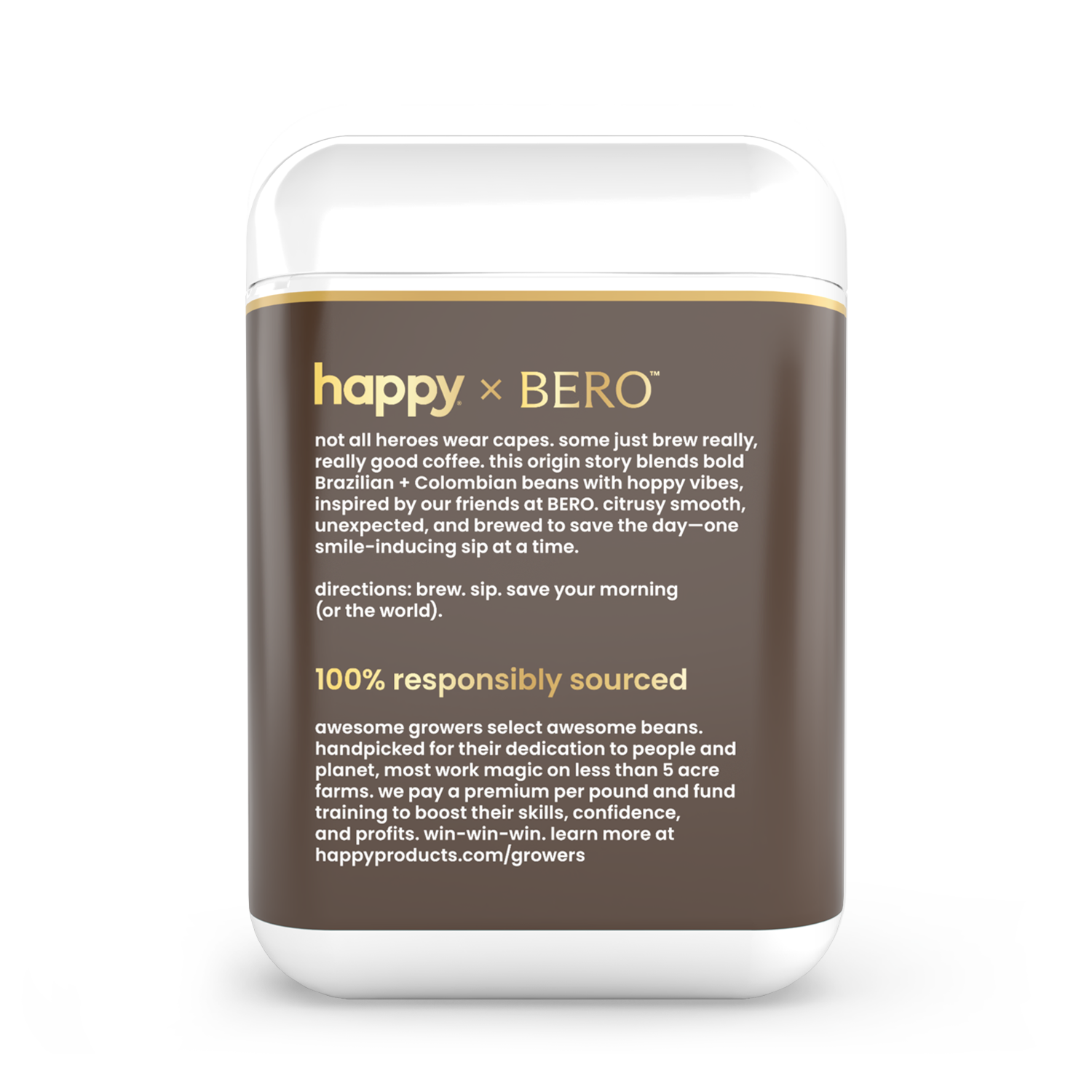 Container with 'happy x BERO' coffee and text on a white background