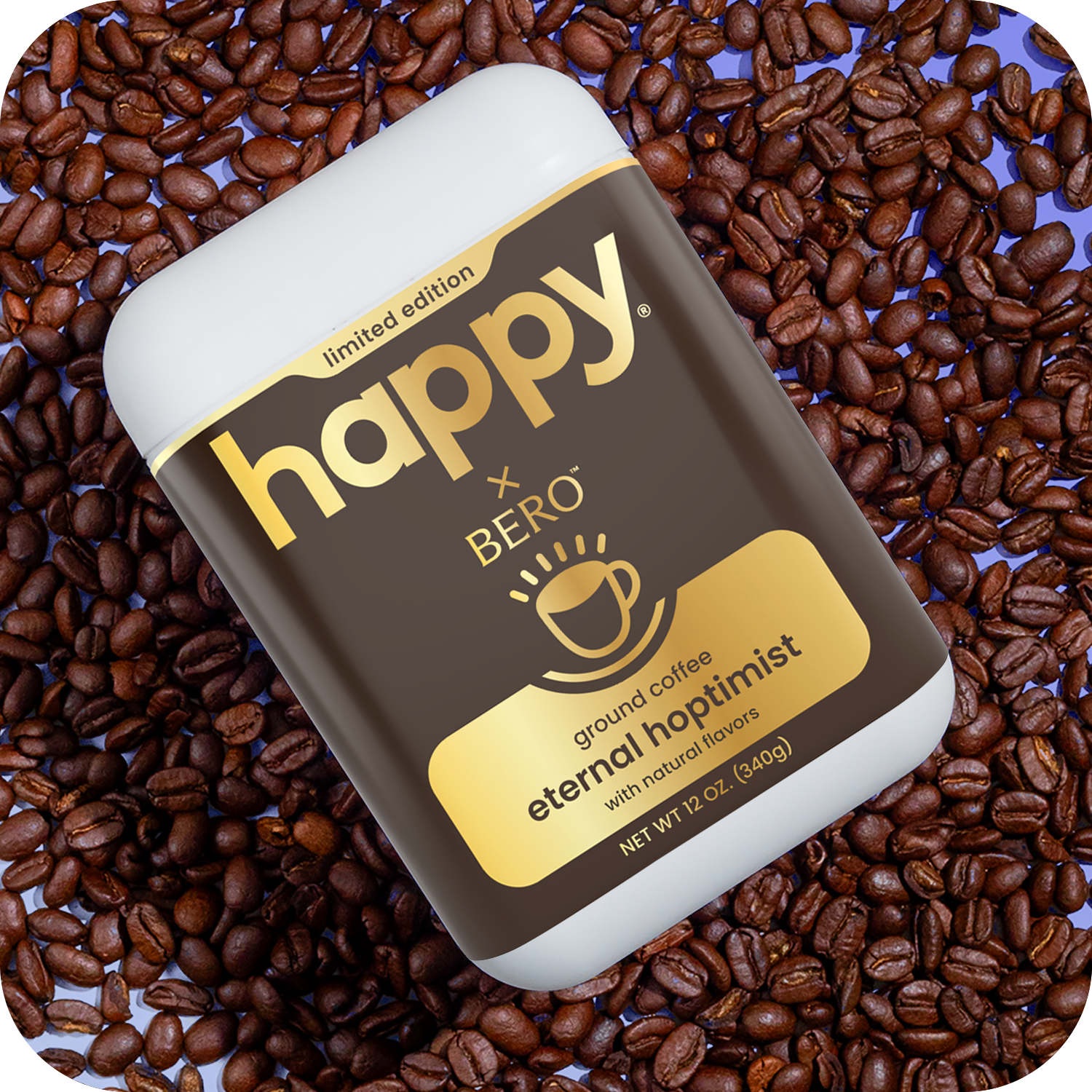 happy x BERO eternal hoptimist ground coffee container on a bed of coffee beans