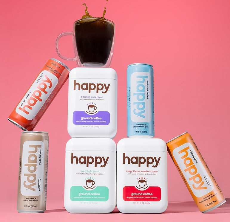 happy products coffee subscription bundle of canned lattes cold brews and ground coffee