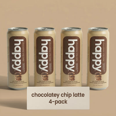 Four cans of 'happy' chocolate chip Latte on a beige background