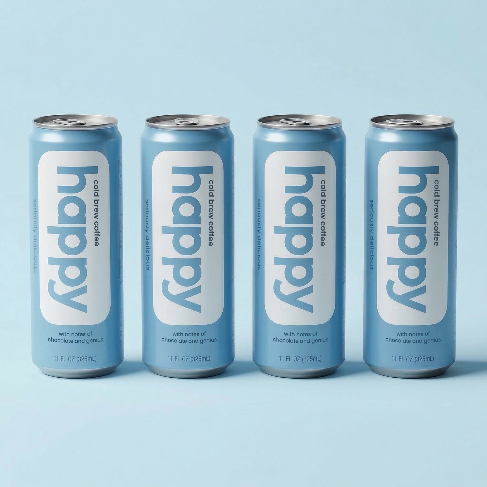 Four cans of 'happy' cold brew coffee on a light blue background