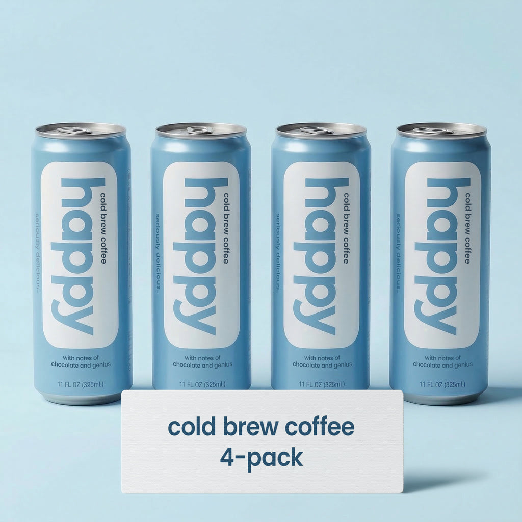 Four cans of 'happy' cold brew coffee on a light blue background