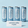 Four cans of 'happy' cold brew coffee on a light blue background