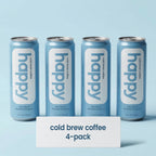 Four cans of 'happy' cold brew coffee on a light blue background