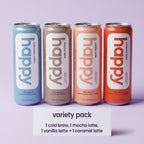 Four happy coffee cans - 1 cold brew 1 mocha latte 1 vanilla latte and 1 caramel latte