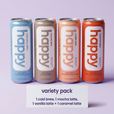 Four happy coffee cans - 1 cold brew 1 mocha latte 1 vanilla latte and 1 caramel latte