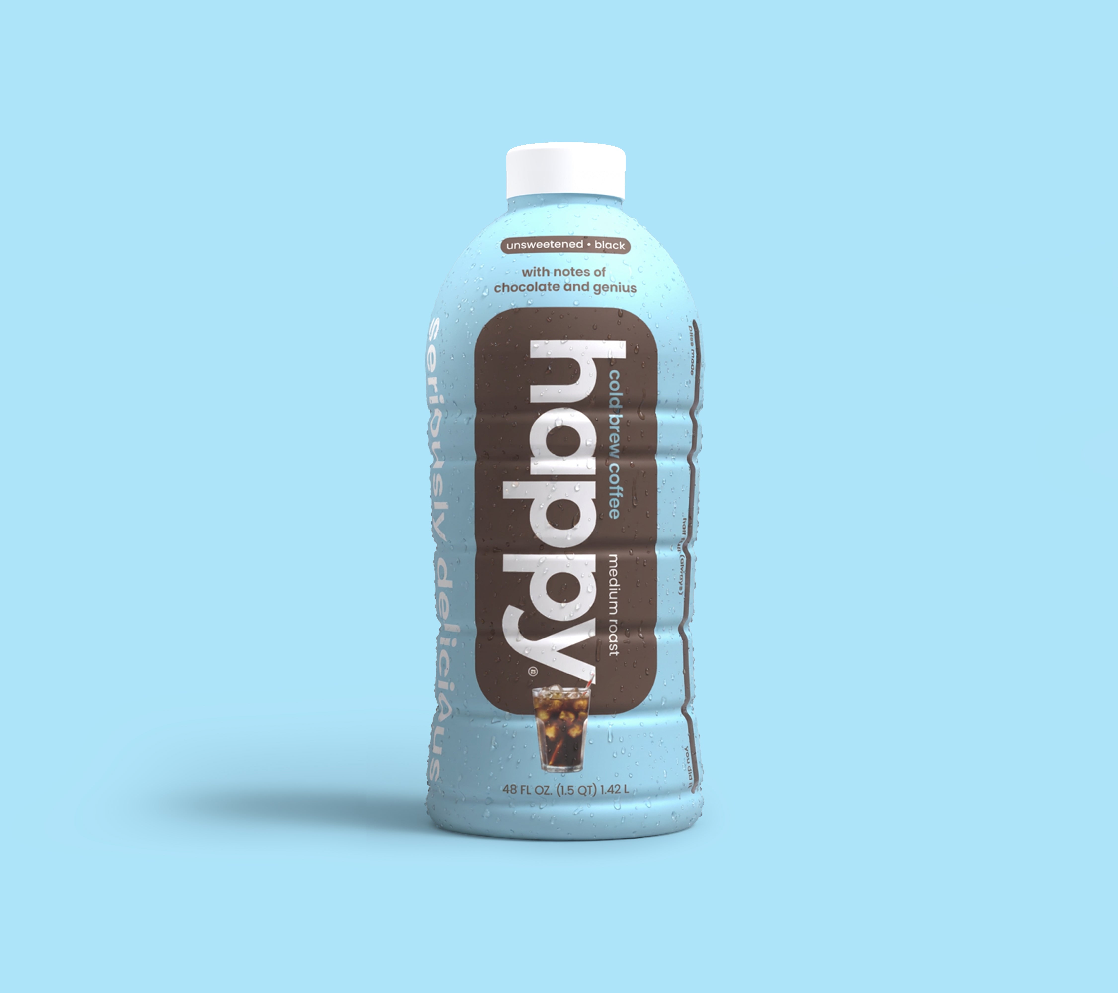 Bottle of 'happy' multi-serve 48 oz cold brew on a light blue background