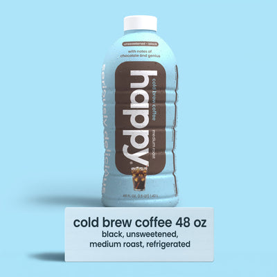 Bottle of 'happy' multi-serve 48 oz cold brew on a light blue background