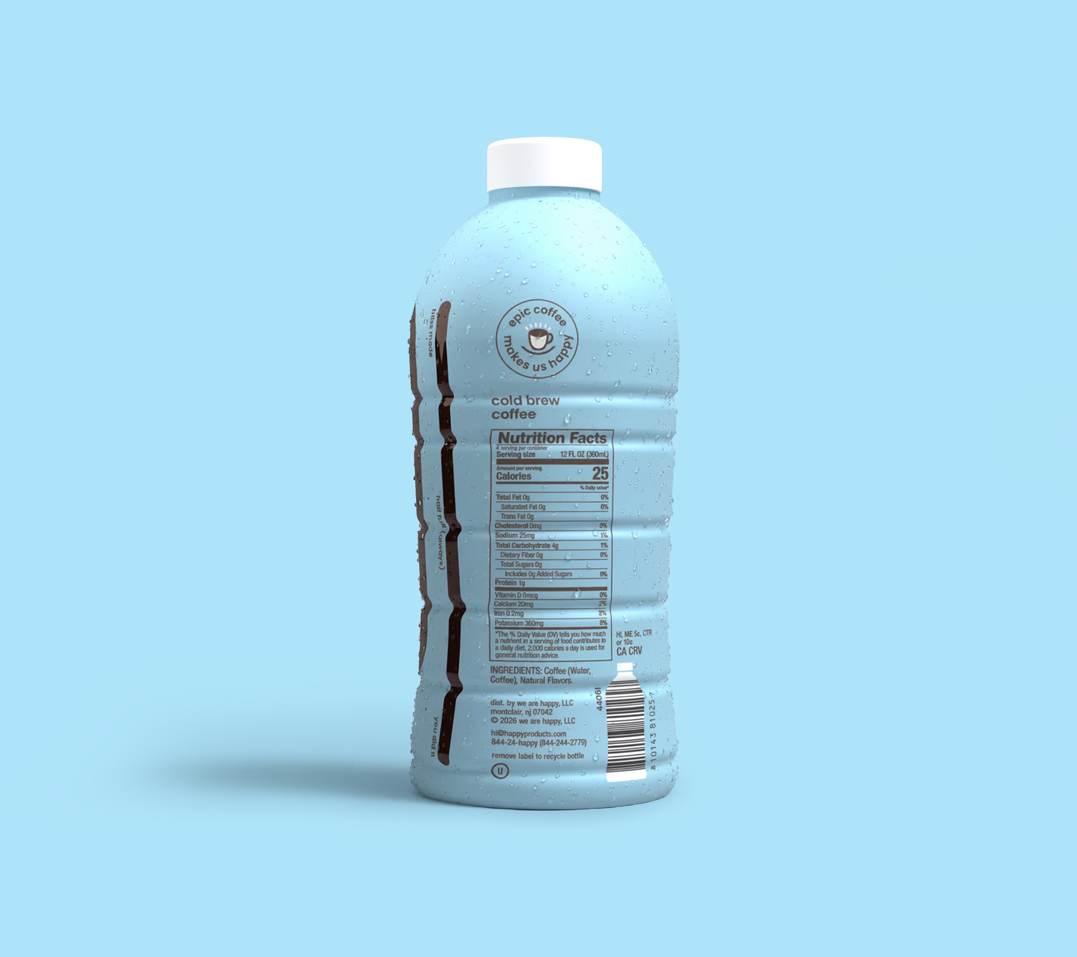Bottle of happy cold brew coffee on a light blue background