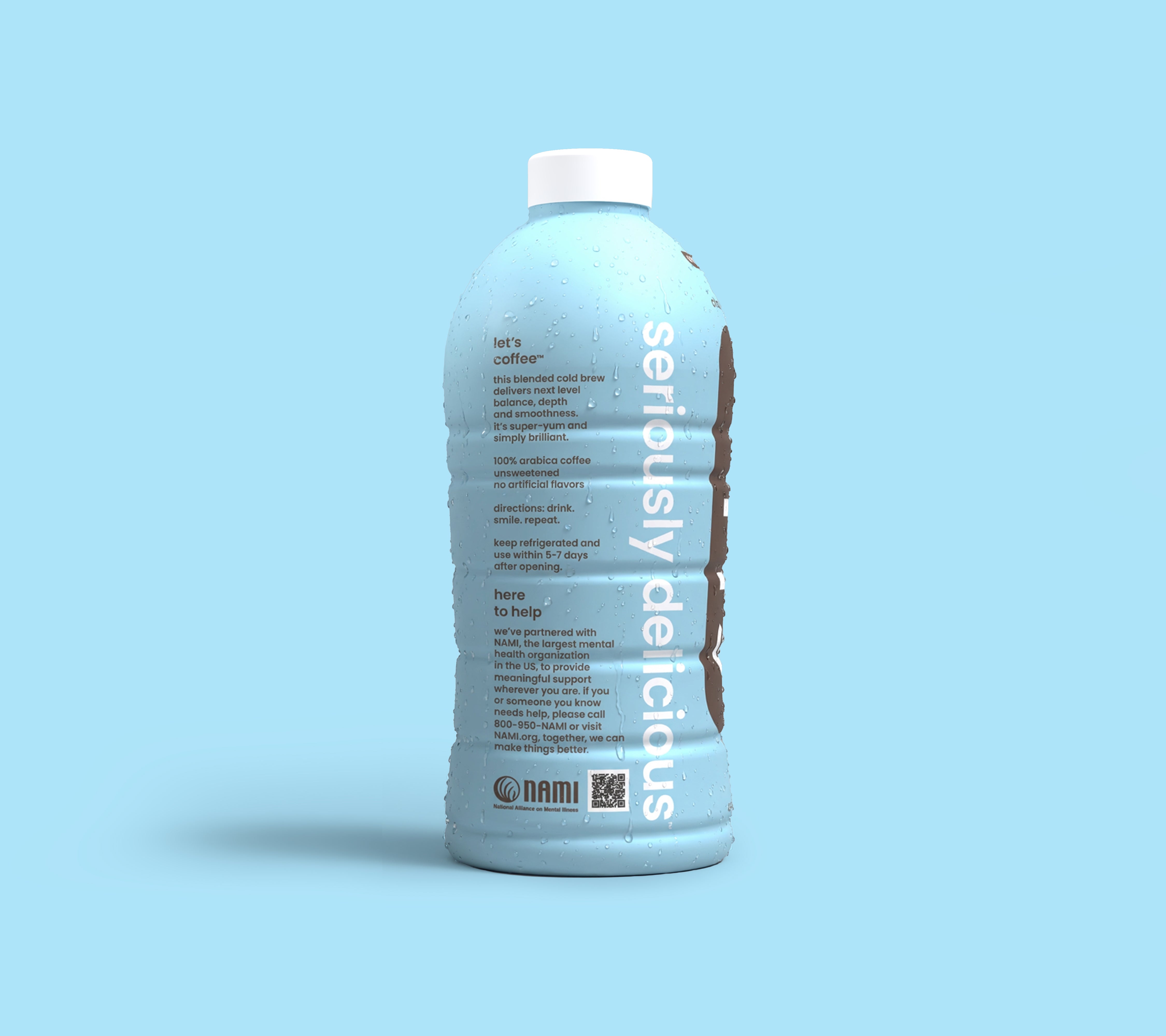 Bottle of 'seriously delicious happy cold brew' on a light blue background