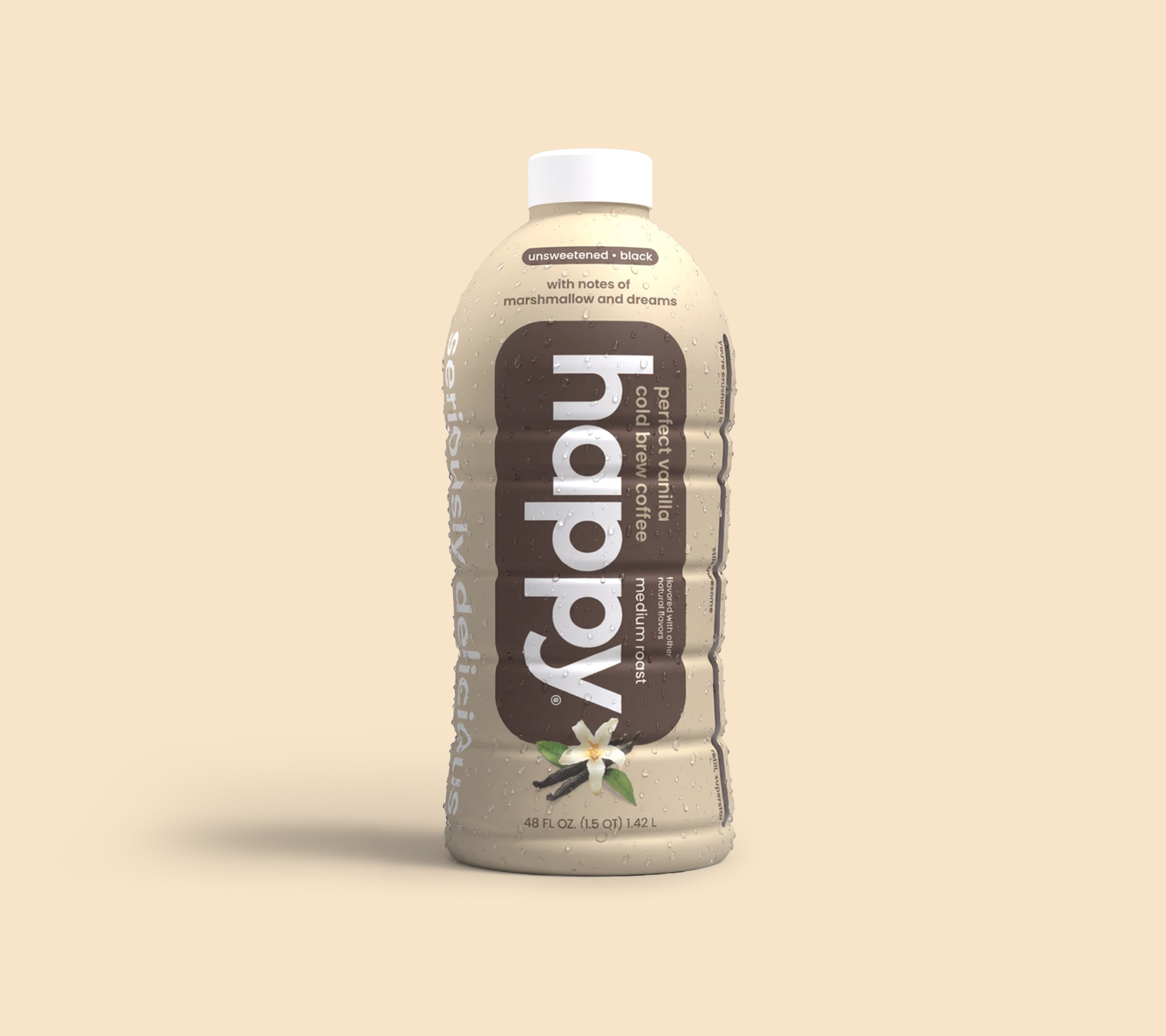 Bottle of 'happy' perfect vanilla cold brew on a beige background
