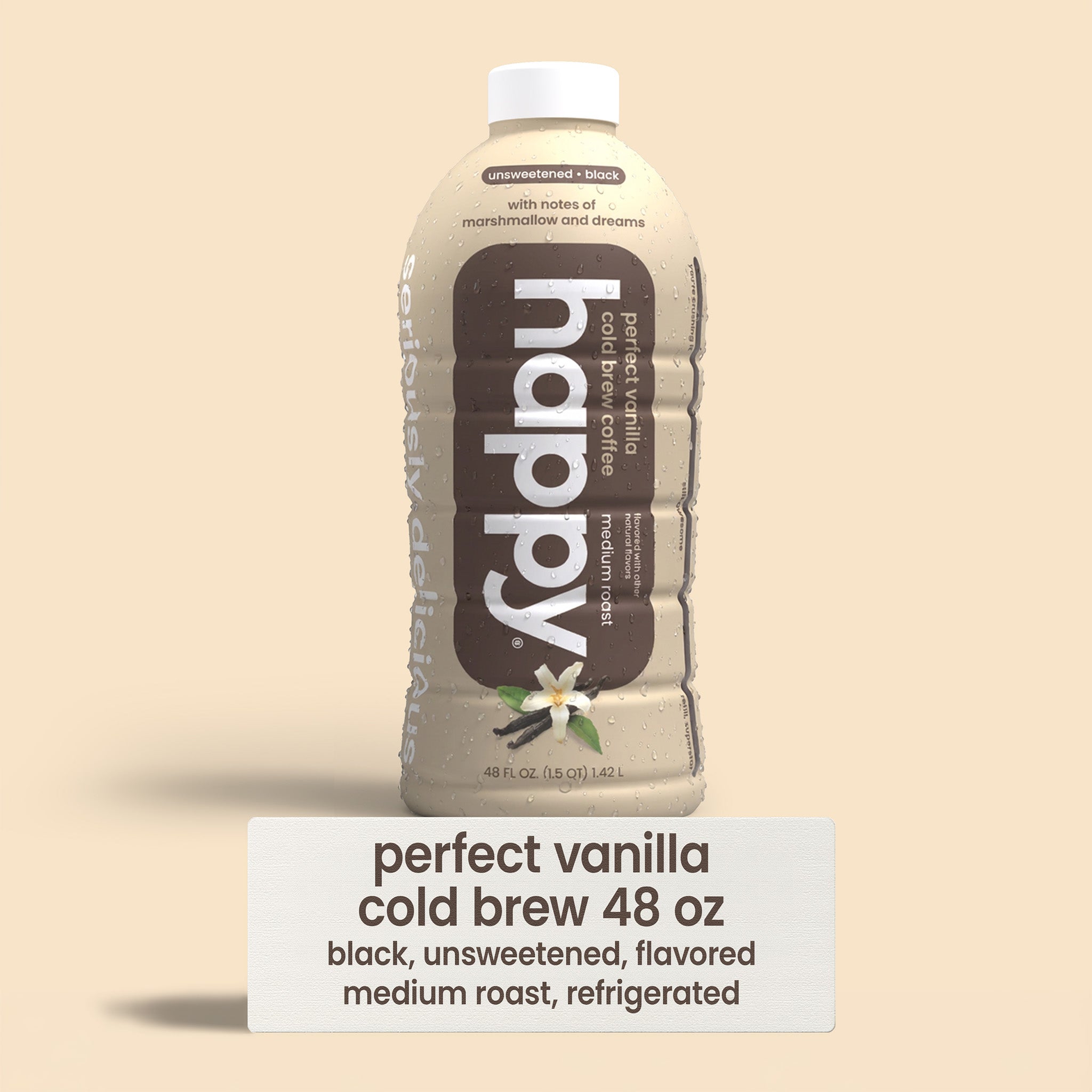 Bottle of 'happy' perfect vanilla cold brew on a beige background