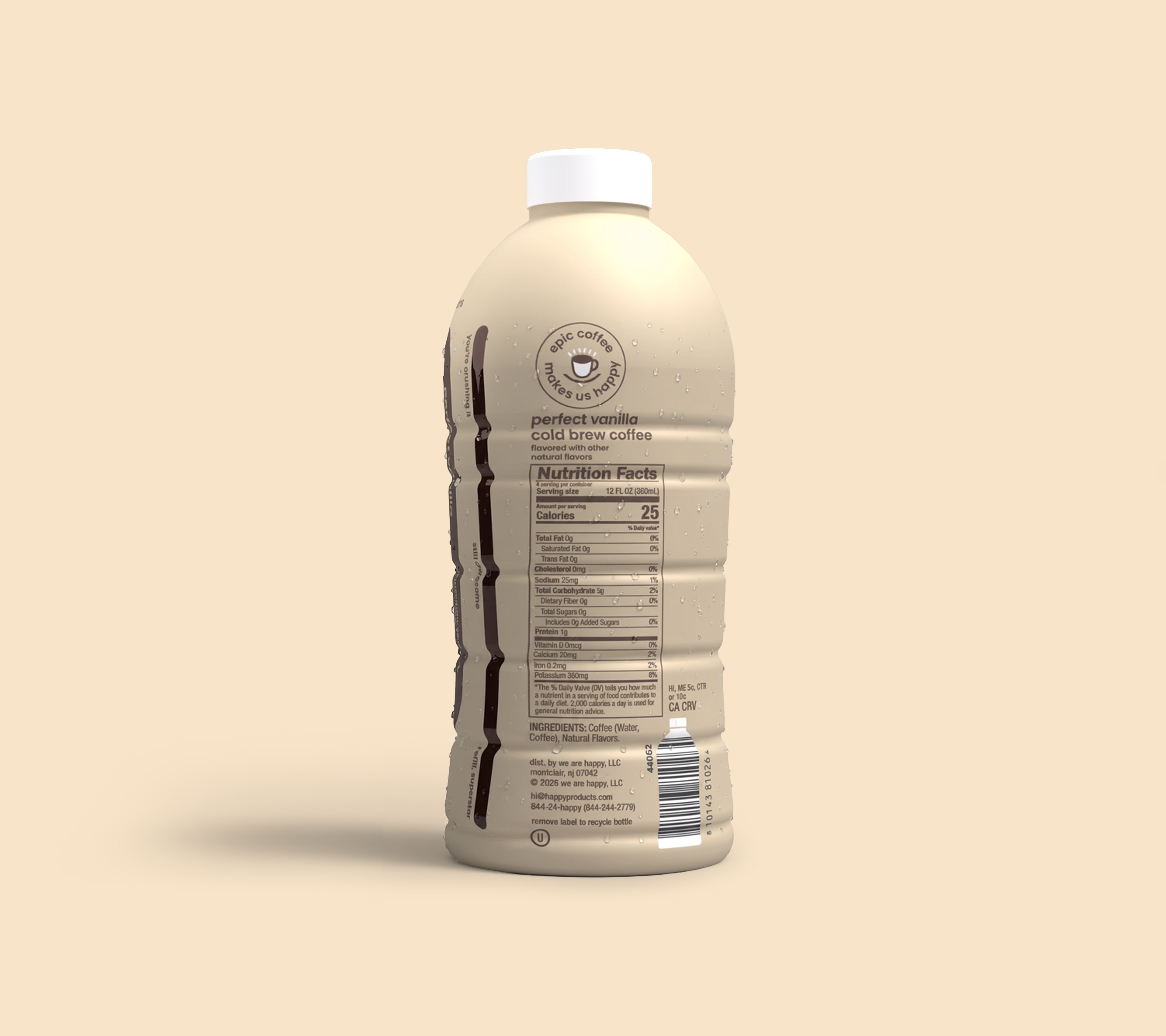 Bottle of happy perfect vanilla cold brew coffee on a beige background