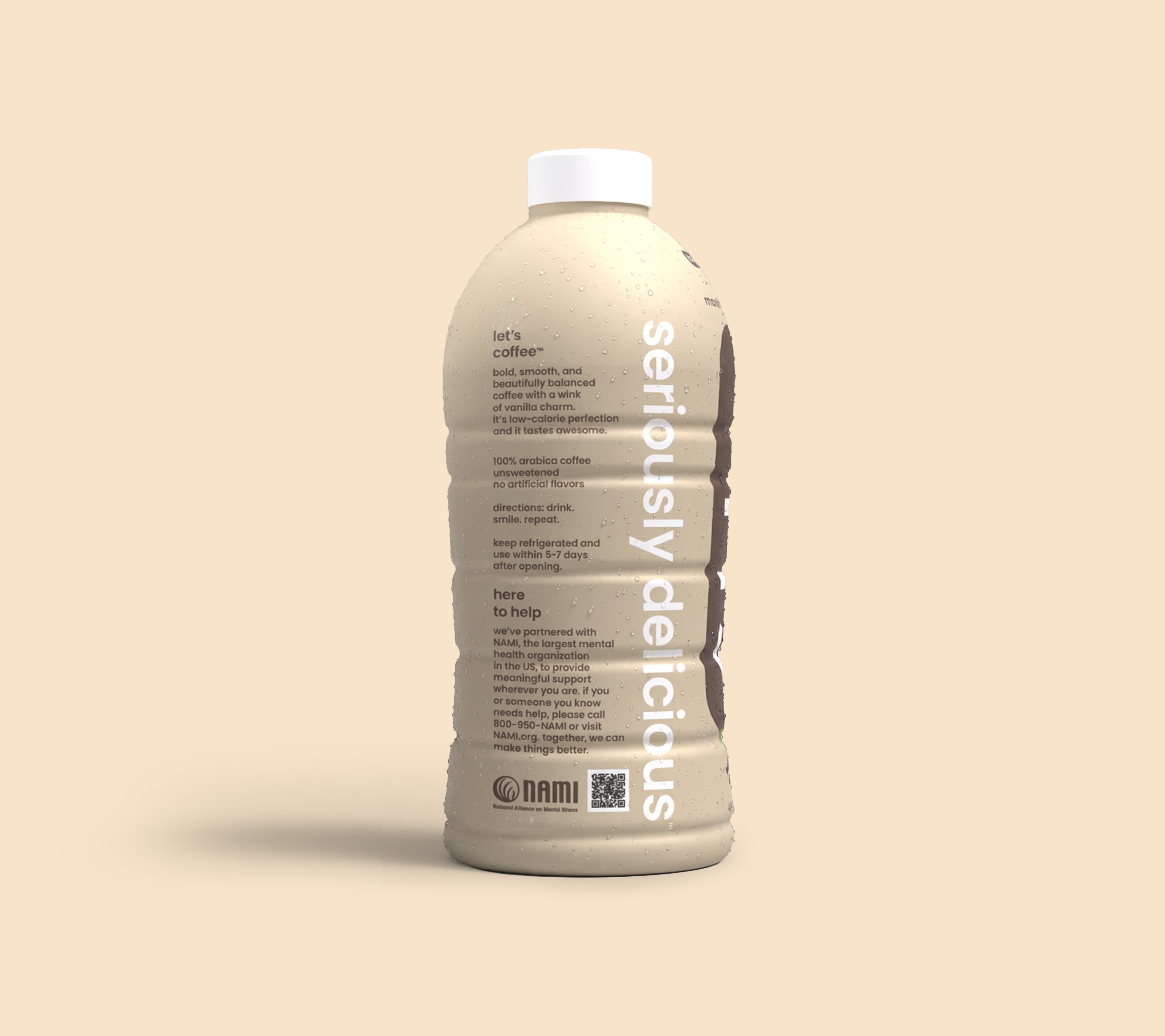Bottle of 'seriously delicious happy perfect vanilla cold brew' on a beige background