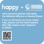 Blue square with 'happy' and NAMI logos, text about partnering with NAMI, and a QR code.