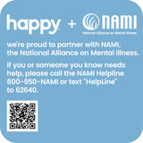 Blue square with 'happy' and NAMI logos, text about partnering with NAMI, and a QR code.