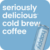 Can of cold brew coffee with 'seriously delicious cold brew coffee' text on a blue background
