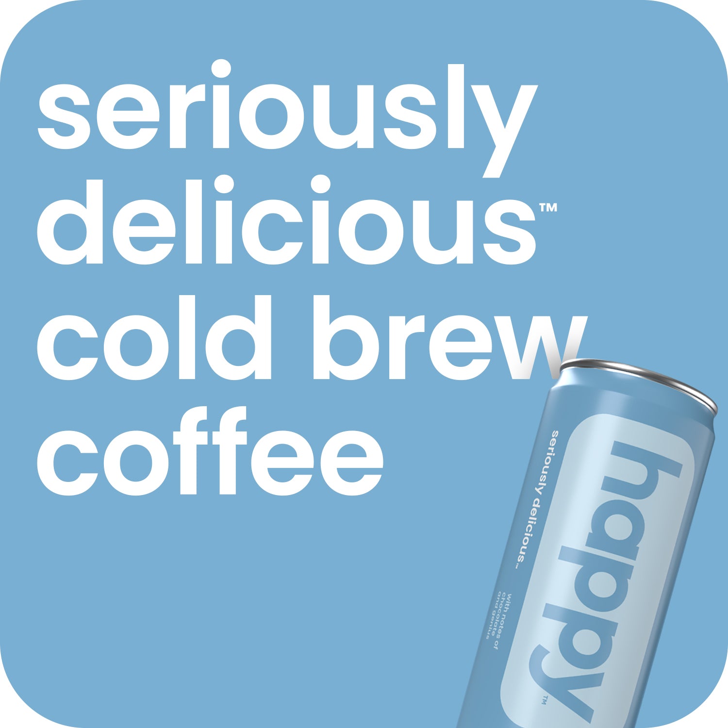Can of cold brew coffee with 'seriously delicious cold brew coffee' text on a blue background