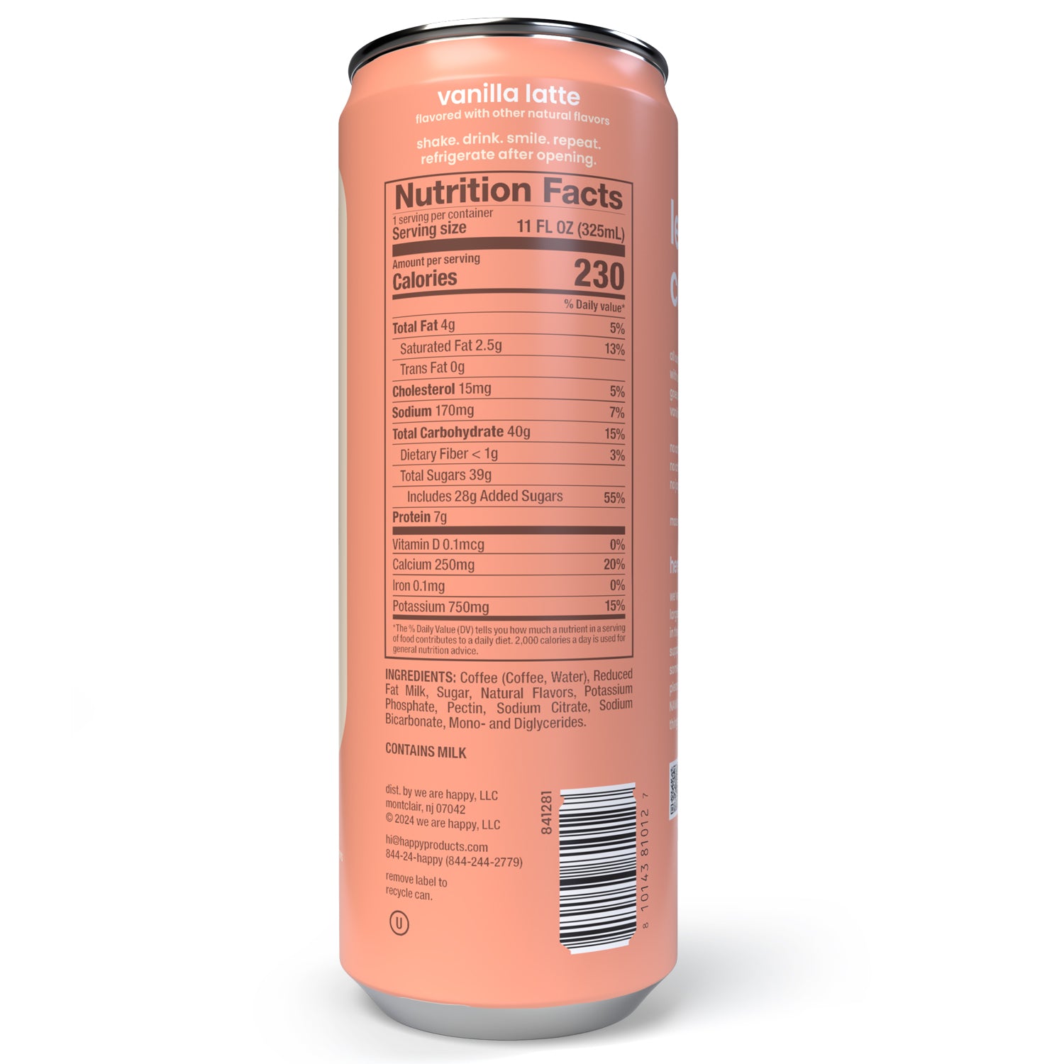 back of can of vanilla latte with nutrition facts
