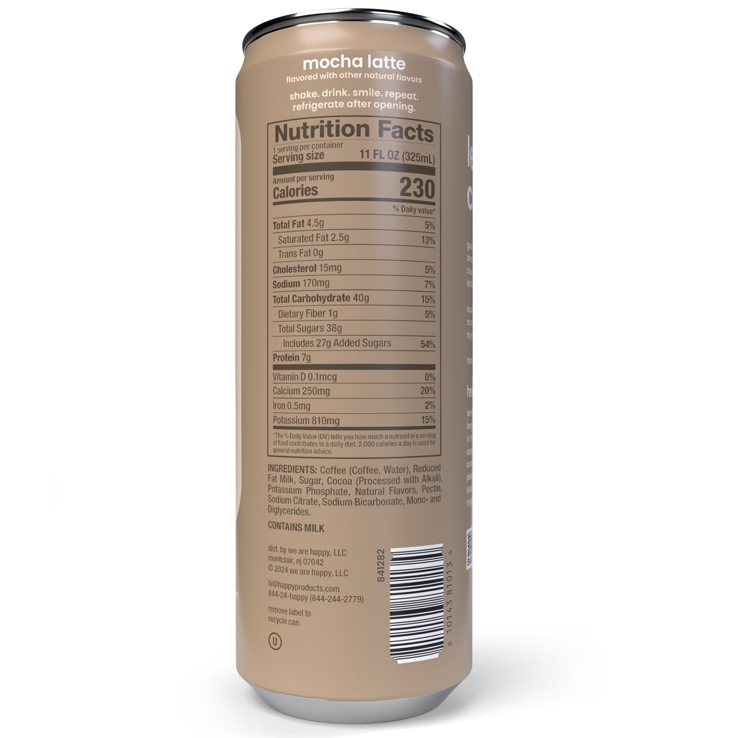 Back of can of happy mocha latte with nutrition facts