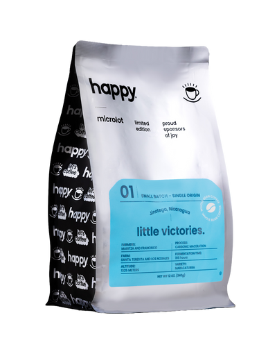 Front of Happy Coffee Microlot - Little Victories Maracaturra high quality Coffee Beans