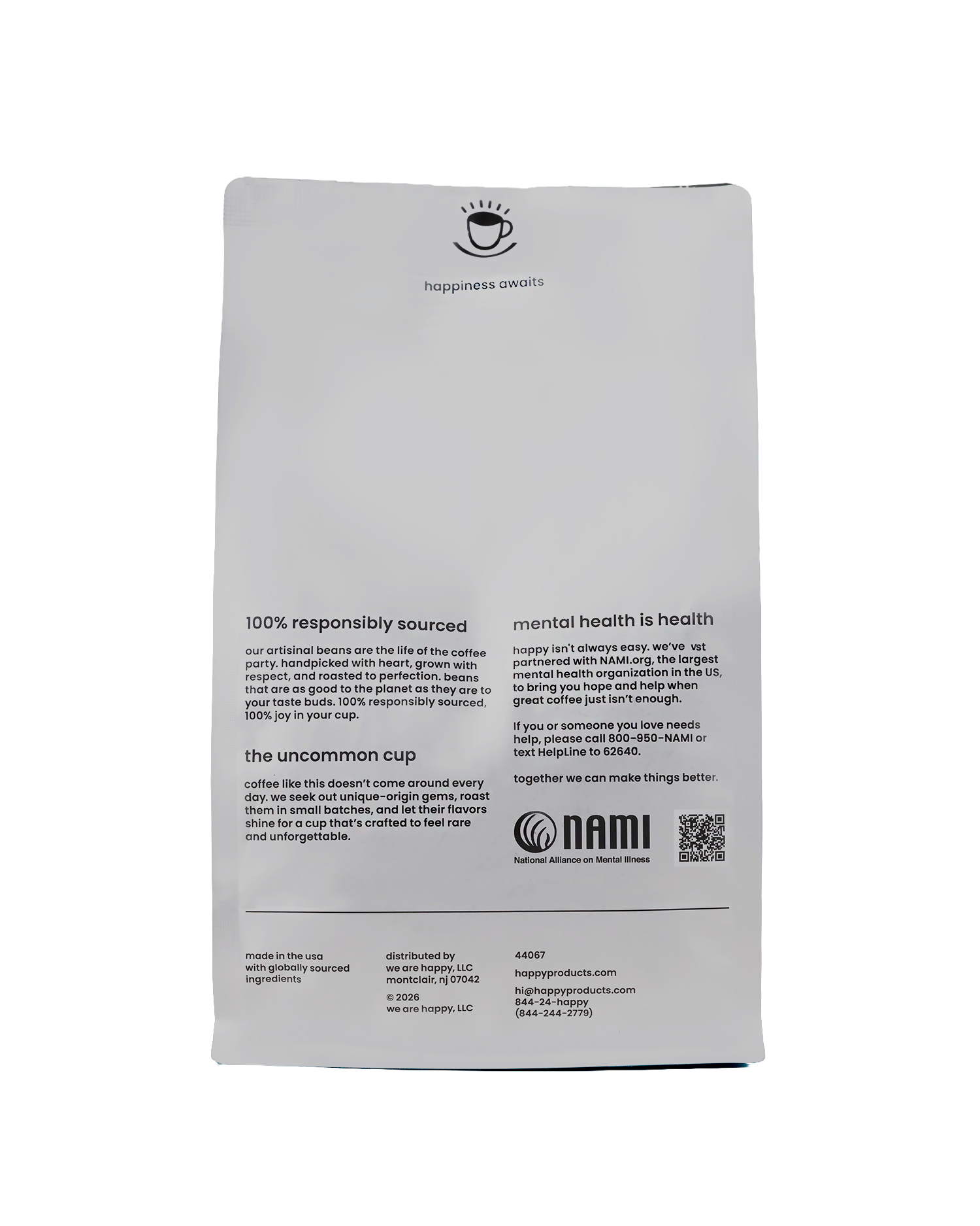 Back of Happy Coffee Microlot  bag - 100% responsibly sourced and supports mental health