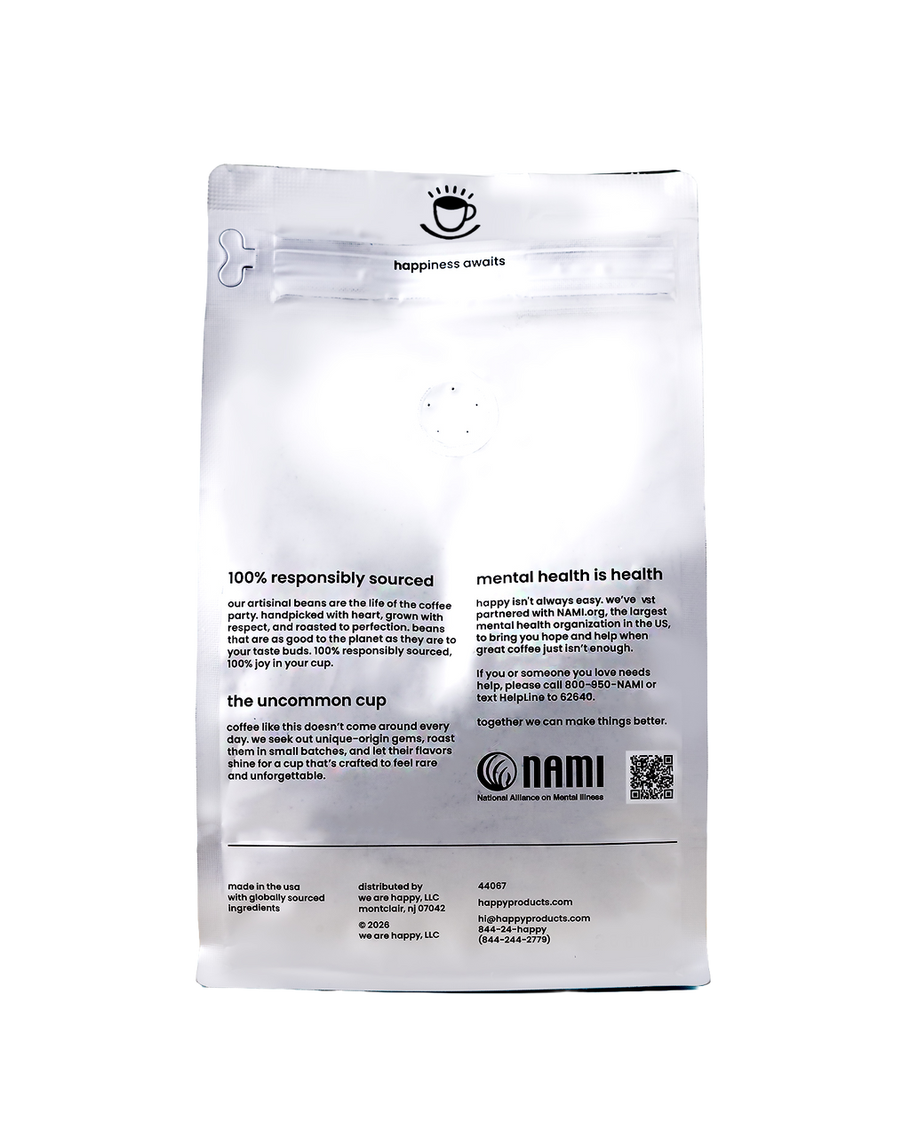 Back of Happy Coffee Microlot  bag - 100% responsibly sourced and supports mental health