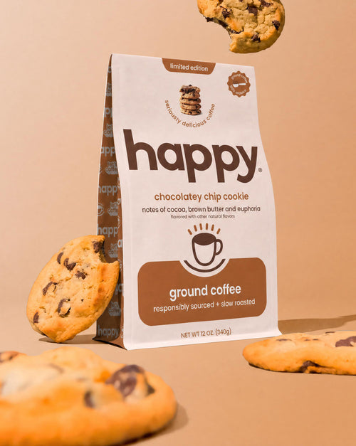 Happy Chocolatey chip Cookie Ground Coffee with some delicious cookies around it