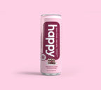 Bottle of 'happy' black forest cake latte on a pink background