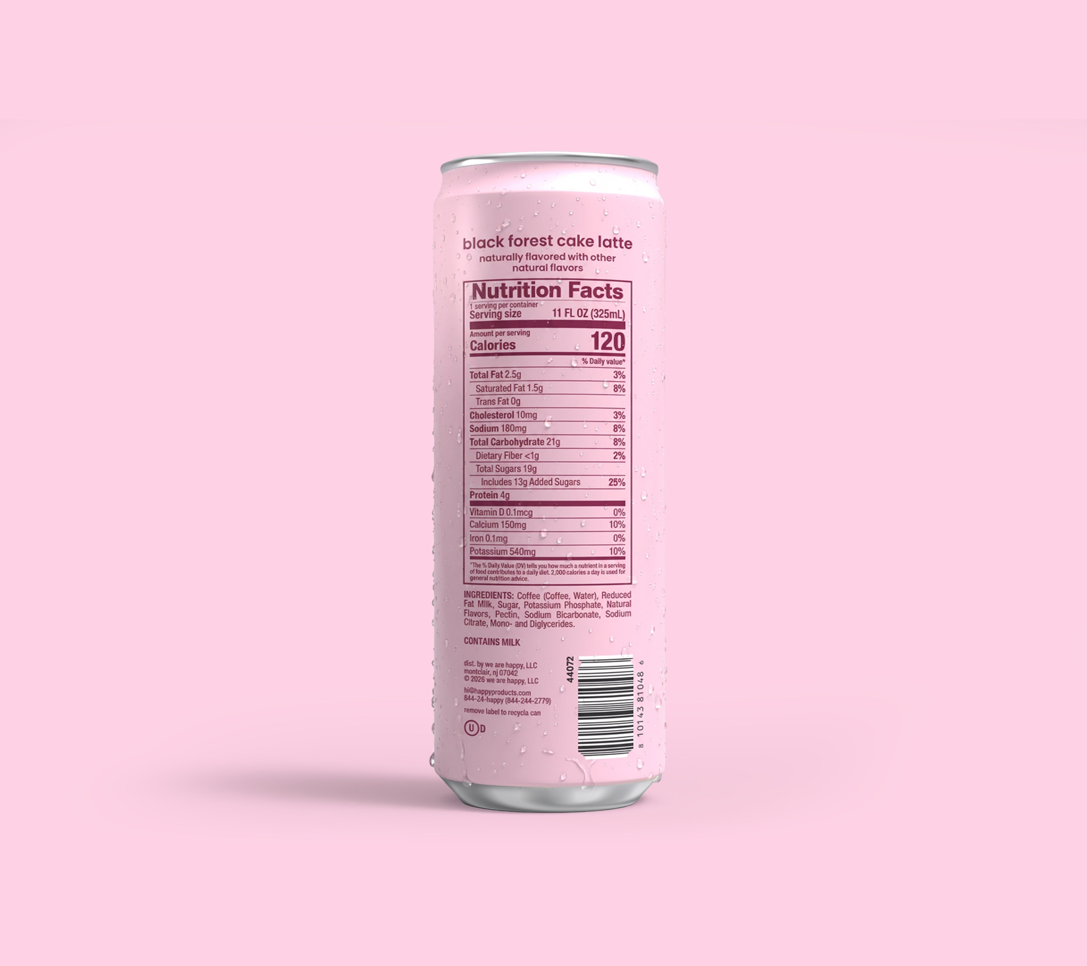 Can of Black Forest Cake Latte nutrition facts label on a pink background