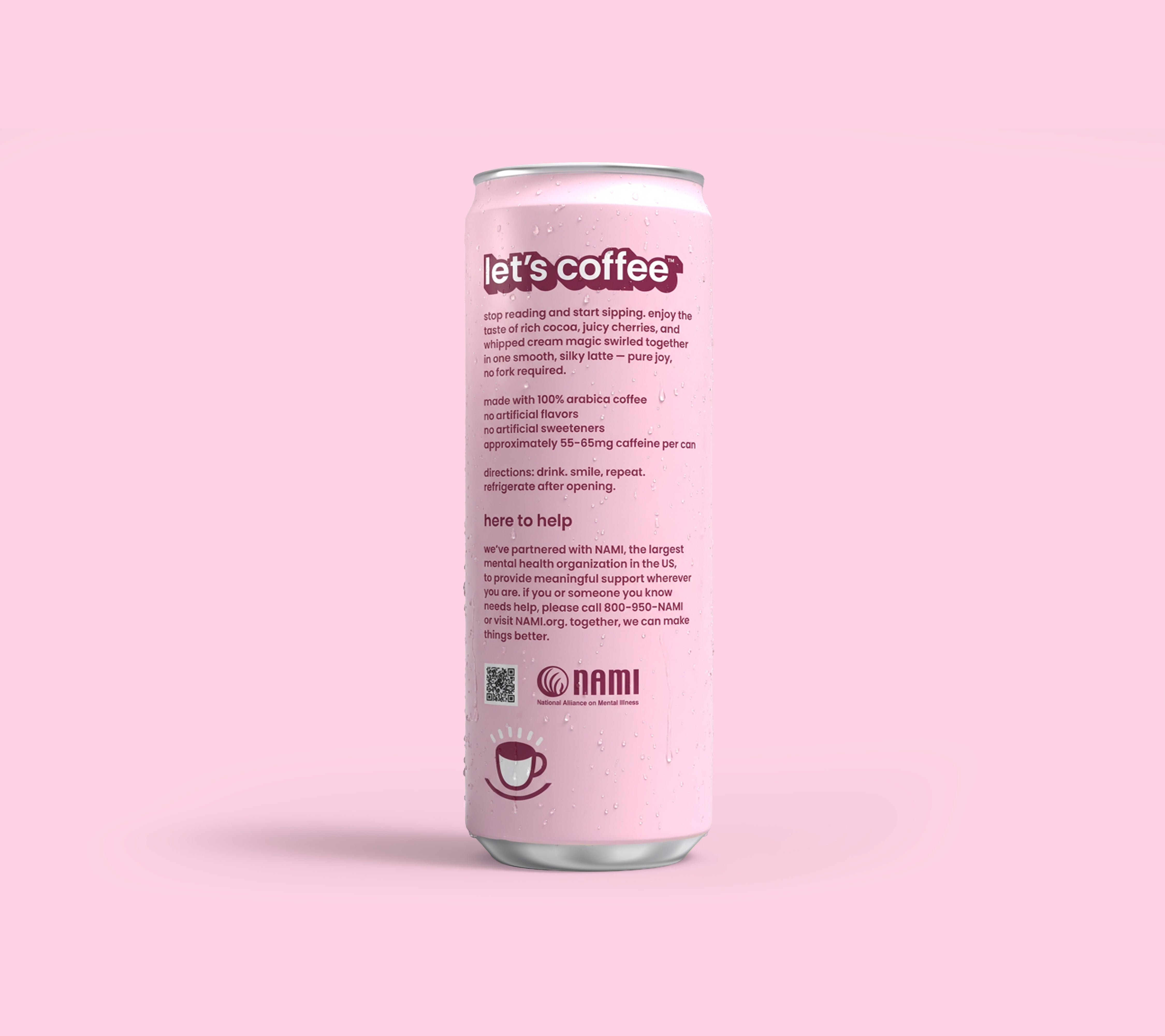 Can of Black Forest Cake Latte With 'let's coffee' with NAMI logo on a beige background
