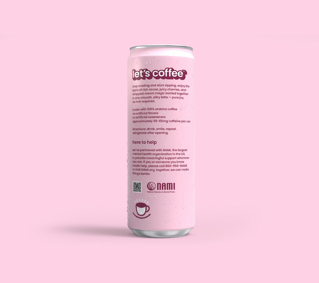 Can of Black Forest Cake Latte With 'let's coffee' with NAMI logo on a beige background
